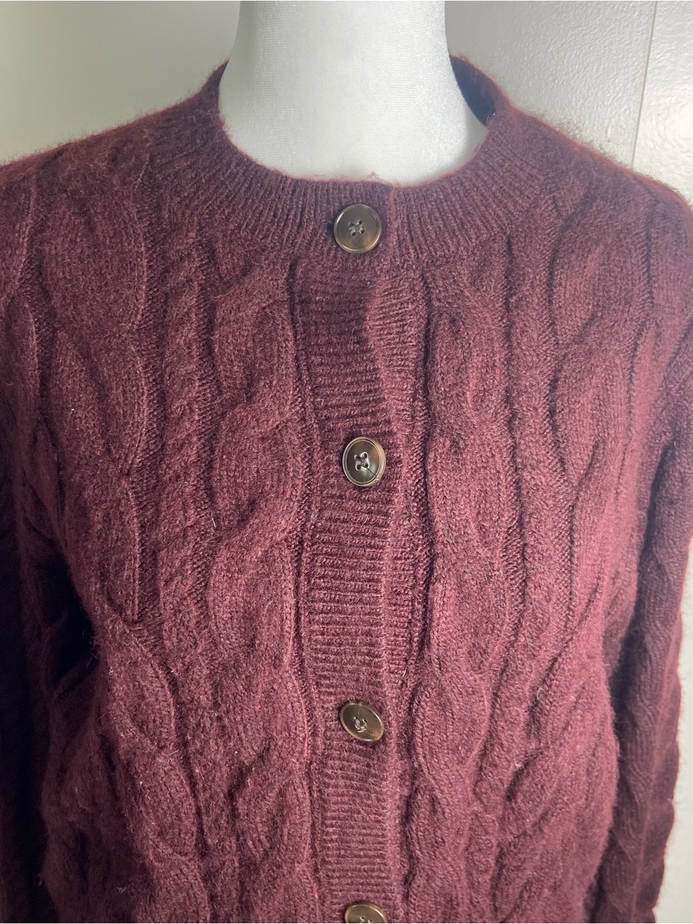 LOFT Cable-Knit Button Cardigan in Deep Burgundy - Picture 3 of 7